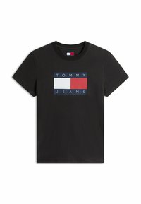 Czarny bawełniany t-shirt z centralnym grafiką z napisem "TOMMY JEANS" oraz prostokątnym wzorem w granatowym, białym i czerwonym. 