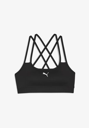 Czarny sportowy biustonosz o gładkiej fakturze, z krzyżującymi się paskami na plecach oraz małym białym logo z przodu.