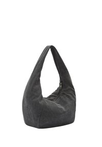 Graue Stoff-Hobo-Tasche mit geschwungener Silhouette, einem Schulterriemen und einem Reißverschlussverschluss. Sie hat eine strukturierte Oberfläche und dezente Markenkennzeichnung.