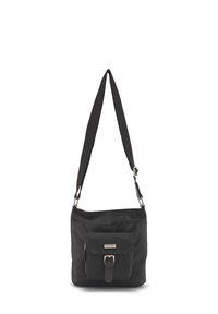 Schwarze Crossbody-Tasche mit verstellbarem Tragegurt, aus strapazierfähigem Material gefertigt. Verfügt über eine Fronttasche mit Schnalle, einen Reißverschluss und eine weiche Textur.