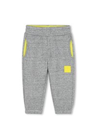 Grijze sweatpants met een zachte textuur, voorzien van gele zakvoering, een elastische tailleband en een klein logo op de voorkant.