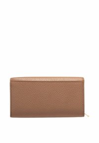 Portafoglio in pelle marrone con superficie texture, forma rettangolare e dettaglio della cerniera in tonalità oro su un lato.