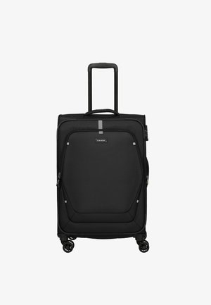 Schwarzer Hartschalenkoffer mit vier Rollen, ausziehbarem Griff, Reißverschlussfächern und strukturierter Oberfläche. Mit reflektierenden Akzenten.
