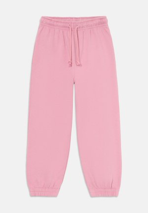 Pantalones de chándal rosa con cintura elástica y cordón ajustable. Ajustados en los tobillos, hechos de una tela suave y lisa.