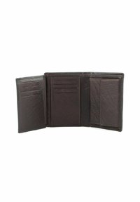 Portefeuille en cuir marron foncé avec plusieurs emplacements pour cartes et compartiments. L'extérieur texturé, le design plié et le style minimaliste améliorent la fonctionnalité.