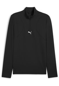 Juodas ilgomis rankovėmis megztinis su pusiau užtrauktuku ant kaklo. Lygus, tamprus audinys su baltu Puma logotipu ant krūtinės ir siuvimo detalėmis ant pečių.