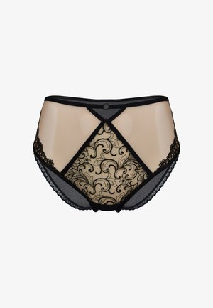 Czarne i cieliste, wysokie majtki z koronkowymi wzorami w kwiaty, panelami z siateczki, falbaniastymi krawędziami oraz dekoracyjnym czarnym guzikiem.