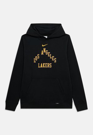 Svart hettegenser med frontlomme, gul Nike-logo og gul tekst som leser "Los Angeles Lakers" i buet og blokkfont.