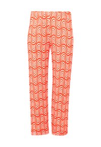 Capri-Hosen aus leichtem Stoff mit einem rot-weißen Wellenmuster, schmaler Silhouette und knielanger Länge.