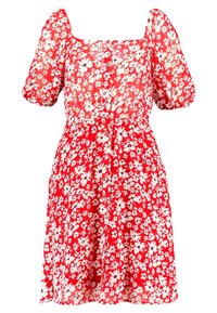 Rotes Blumenkleid mit quadratischem Ausschnitt, Puffärmeln und tailliertem Schnitt. Aus leichtem Stoff mit weißen Blumenmustern und schwarzen Akzenten.