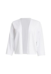 Open-front witte cardigan gemaakt van een zachte, lichte stof. Heeft driekwartmouwen en een losse pasvorm zonder sluitingen.