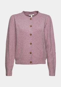 Mjukt rosa stickad kofta med långa ärmar, rund halsringning och sex bruna knappar fram.