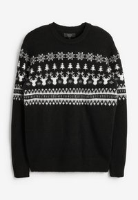 Suéter de punto negro con cuello redondo que presenta patrones de copos de nieve, árboles y renos en el pecho y las mangas. Acabado texturizado.