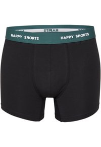 Boxer in cotone neri con una vita elastica verde che presenta la scritta "HAPPY SHORTS" in bianco. Texture liscia e design aderente.