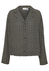 Schwarz-cremefarbenes Hemd mit Zickzackmuster, Knopfleiste und Kragen. Lange Ärmel und lockere Passform. Glatte Textur.