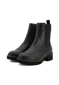 Stivali Chelsea neri in pelle con pannelli elastici laterali, linguetta sul retro, tacco spesso e suola a tasselli per una presa migliore.