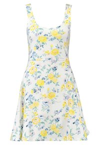 Robe florale en tissu léger, avec un fond blanc orné de fleurs jaunes et bleues. Sans manches, avec un haut ajusté et une jupe évasée.