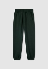 Ciemnozielone dresy wykonane z miękkiego materiału. Posiadają elastyczny pas oraz elastyczne mankiety przy kostkach. Prosty, stonowany design.