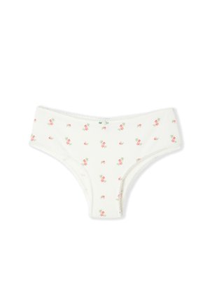 Culotte femme blanche de style hipster avec de petits motifs de roses roses et un petit nœud vert au centre de la ceinture avant.