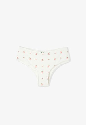Culotte femme blanche de style hipster avec de petits motifs de roses roses et un petit nœud vert au centre de la ceinture avant.