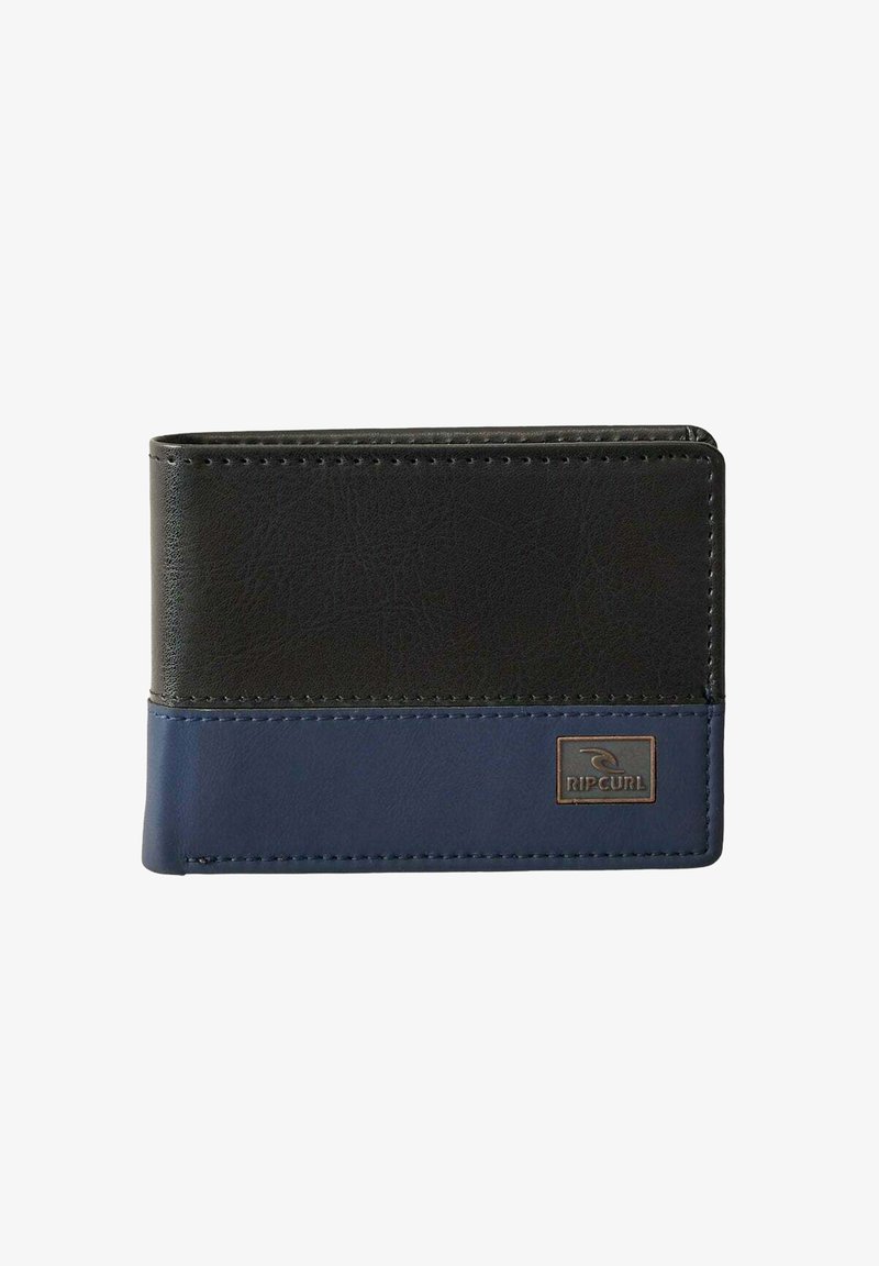 Sort og marineblåt vandret bifold-tegnebog med Rip Curl-logo på nederste højre hjørne.