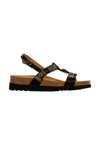 Sandal negra con suela de corcho, cinturilla ajustable en el tobillo y un patrón decorativo de cuentas en la parte superior. Presenta una suela de goma texturizada.