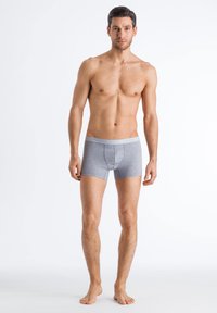 Grå boxershorts med en mjuk textur och ett vitt elastiskt midjeband med varumärket tryckt. Designen har en åtsittande stil.