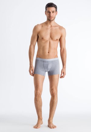 Boxer-briefs gris avec une texture douce et une taille élastique blanche affichant le nom de la marque. Le design présente un style ajusté.