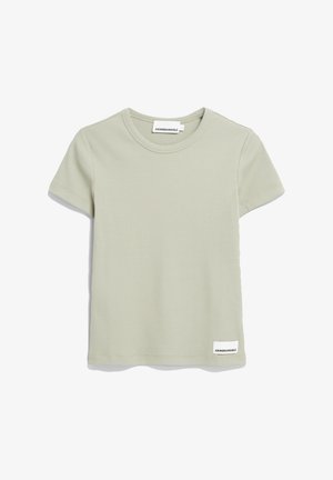 Lichtgroene, geribde katoen t-shirt met korte mouwen en een ronde halslijn; heeft een klein label met de merknaam rechtsonder.