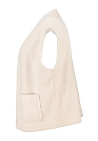 Crème-kleurige mouwloze vest gemaakt van zacht, pluizig materiaal, met een linker zak en een ronde halslijn zonder sluitingen.