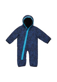 Niebieski kombinezon narciarski w wzory z turkusowym zamkiem błyskawicznym i kapturem. Posiada długie rękawy oraz miękkie, teksturowane wnętrze dla dodatkowego ciepła.