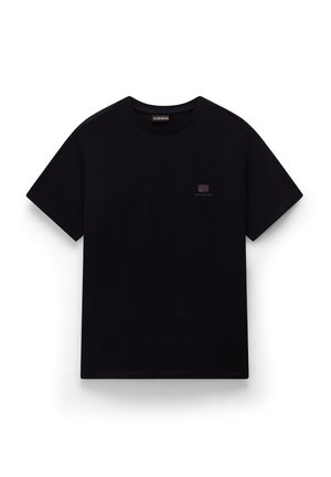 Black cotton t-shirt with a round neckline, short sleeves, and a small purple logo on the chest. Soft texture and relaxed fit.