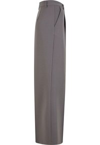 Pantalon gris taille haute à jambes larges avec passants de ceinture, poches latérales et fermeture éclair à l'avant.