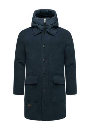 Cappotto di lana blu navy con cappuccio imbottito, chiusura con bottoni e due tasche frontali. Caratterizzato da una texture liscia e una patch del logo sull'orlo.