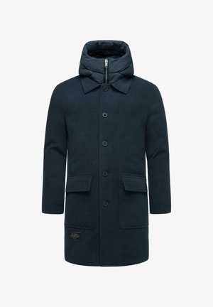 Mornarstvo vuneni kaput s punjenim kapuljačom, kopčanjem na gumbe i dva prednja džepa. Ima glatku teksturu i logotip na rubu.