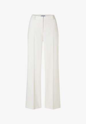 White high-waist wide-leg trousers with front creases, belt loops, and concealed front fastening.