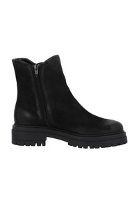 Zwarte leren enkellaarsjes met een zijrits, chunky rubberen zool, gladde textuur en een ronde neus. Casual, moderne stijl.