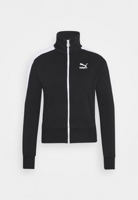 Sort zip-up træningsjakke med høj krave, hvide sidepaneler og ribbede manchetter. Har logo på venstre brystområde. Lavet af blødt stof.