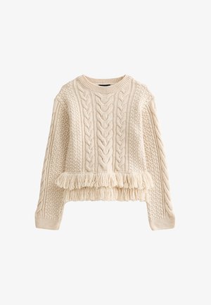 Maglione lavorato a trecce in beige chiaro con vestibilità comoda. Presenta motivi testurizzati e un orlo con frange per un dettaglio aggiuntivo.