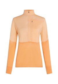 Pomarańczowy sweter z długim rękawem i suwakiem na ćwierć ze zjawiskiem na kieszeni piersiowej, wykonany z lekkiego materiału.