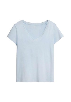 T-shirt en coton bleu clair à manches courtes, col en V et coupe ample.