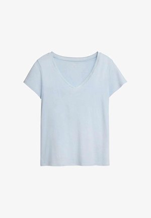 T-shirt en coton bleu clair à manches courtes, col en V et coupe ample.