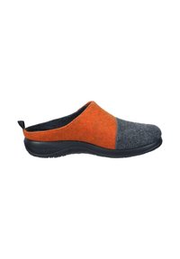 Felt slip-on shoe featuring a color block design in orange and gray, with a textured upper and a black rubber sole for grip.