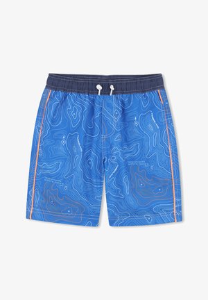 Shorts de bain bleus avec motif de carte topographique, ceinture élastique marine, cordons blancs et liseré latéral orange.
