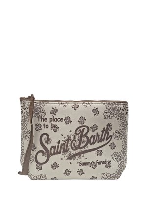 Borsalino beige e marrone con disegni floreali e paisley, testo "The place to be Saint Barth Summer Paradise," e cinturino marrone per polso sul lato sinistro.