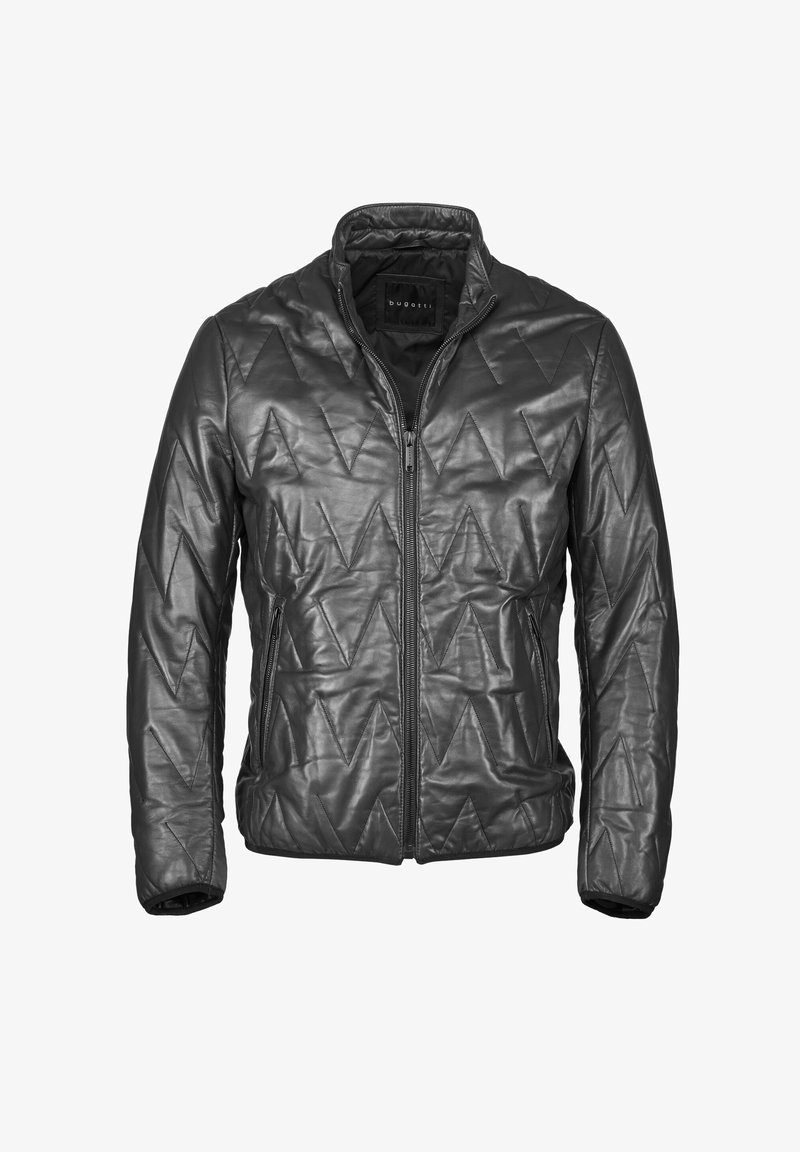Schwarze, gesteppte Lederjacke mit hohem Kragen und Reißverschluss. Sie verfügt über winkelförmige Nähmuster und lange Ärmel mit enganliegenden Manschetten.