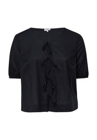 Schwarze Bluse mit kurzen Ärmeln und V-Ausschnitt, ausgestattet mit gerafften Ärmeln und einer mittigen Bindung. Hergestellt aus einem leichten Stoff.