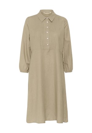 Khaki színű lenruha gallérral, hosszú puffos ujjakkal, gombos elülső részével és függőleges csíkokkal a textúrához. Lazább fazonú, midi hosszal.