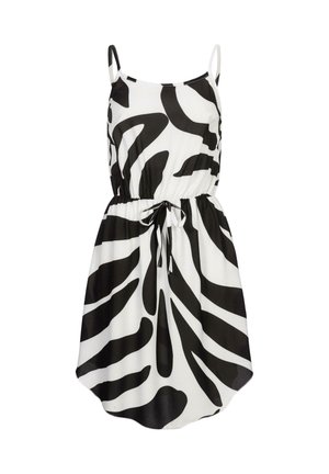 Robe noir et blanc avec des bretelles spaghetti, taille cintrée et coupe fluide. Présente un motif zèbre abstrait et un lien ajustable à la taille.