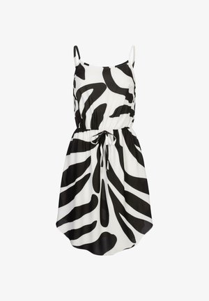 Czarna i biała sukienka na ramiączkach, z podkreśloną talią i zwiewnym krojem. Posiada abstrakcyjny wzór zebry oraz regulowany paskiem w talii.